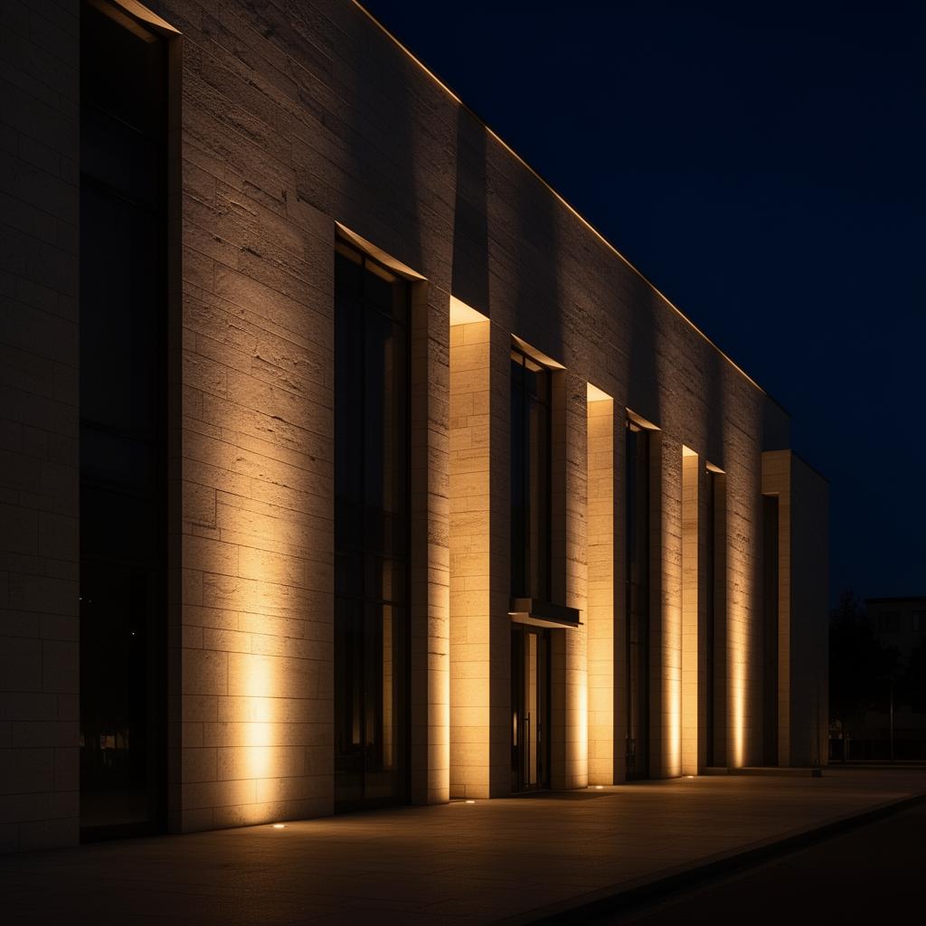 Facade lighting design highlighting architectural volumes and material texture at night