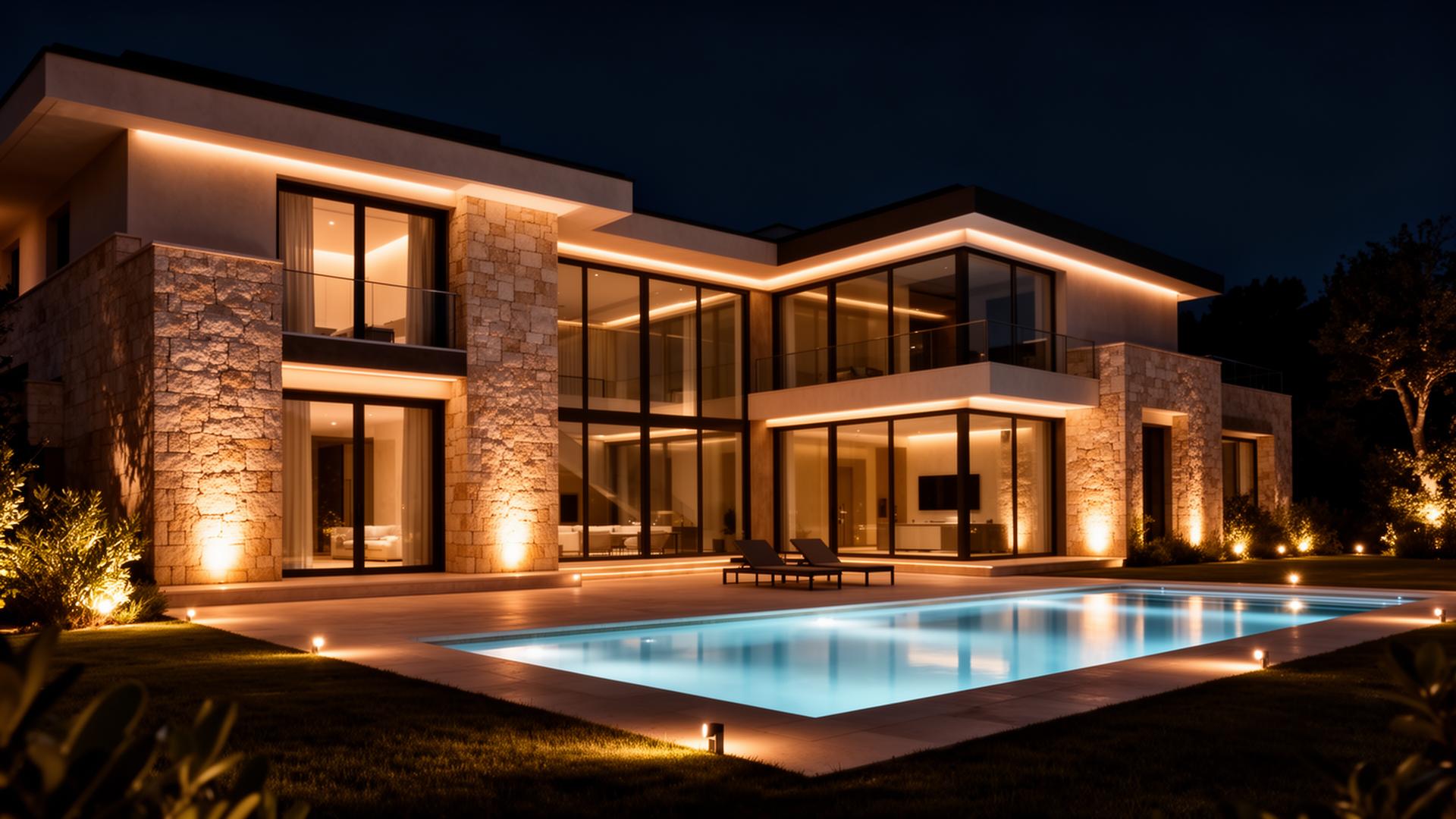 Warm and restrained landscape lighting around a contemporary villa in India