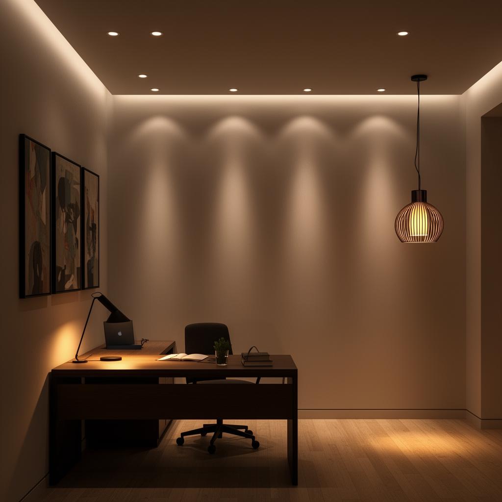 Layered lighting combining ambient, task, accent, integrated and decorative light in an interior