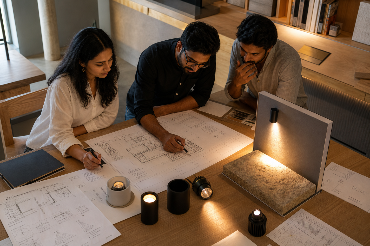 Architectural lighting consultant coordinating drawings, calculations and a lighting mock-up