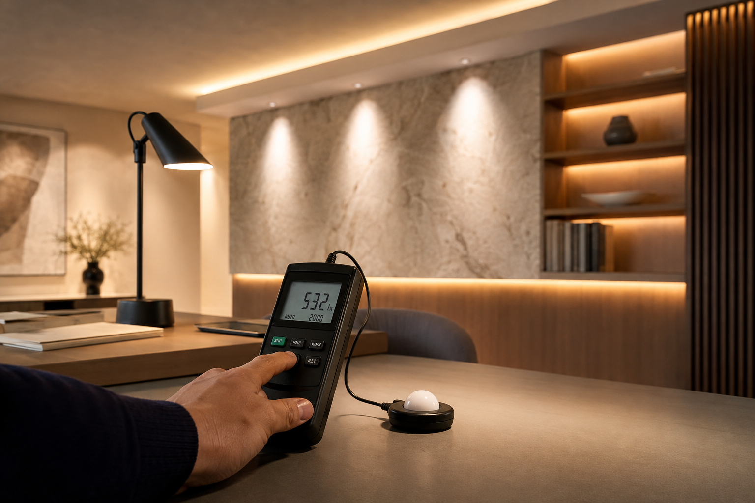 Lux meter being used to review illuminance in a professionally designed interior